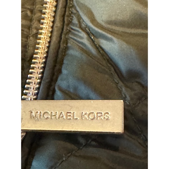 MICHAEL KORS W Med Olive Green Quilted Puffer Jacket Hooded shearling Lined Coat - Picture 10 of 12